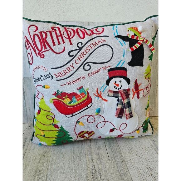 Pier 1 embroidered Xmas snowman North Pole penguin elf pillow decor Xmas 14x14 i - Picture 1 of 10